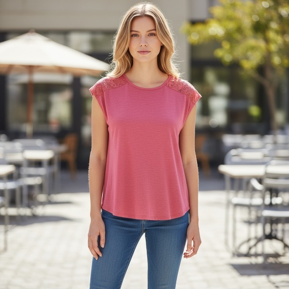 EYELASH COUTURE WOMEN'S BLOUSE TOP Size Small Lace Round Neck Short Sleeve Pink - Picture 7 of 7